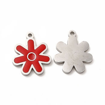 304 Stainless Steel Charms, with Enamel, Flower, Red, 14x12x1mm, Hole: 1.2mm