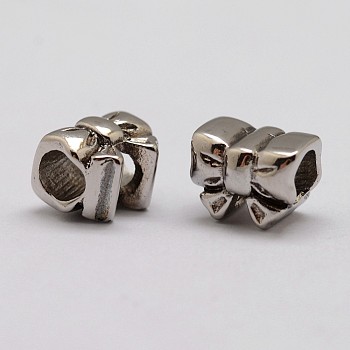 304 Stainless Steel European Beads, Large Hole Beads, Bowknot, Antique Silver, 12x9x9mm, Hole: 5mm