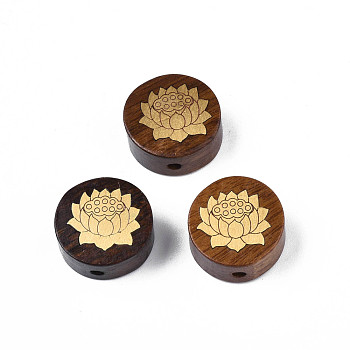 Natural Rosewood Undyed Beads, with Lotus-Shaped Raw(Unplated) Brass Slices, Flat Round, Saddle Brown, 15x7mm, Hole: 1.8mm