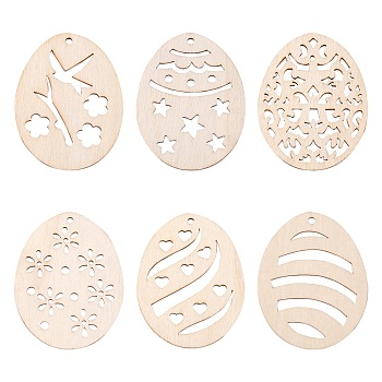 30Pcs 6 Style Undyed Natural Wooden Big Pendants, for Easter, Laser Cut, Easter Egg, Antique White, 67.5x52x2.5mm, Hole: 2mm, 5pcs/style