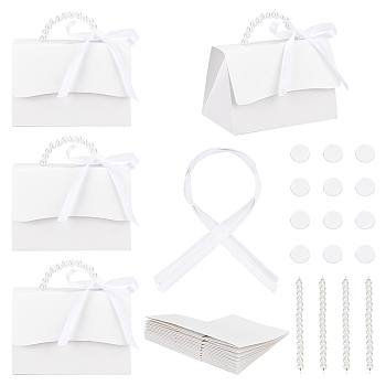 Wedding Paper Candy Gift Packaging Boxes with Polyester Ribbon and PVC Bead Chain, Foldable Storage Boxes for Wedding, White, 132x75x85mm