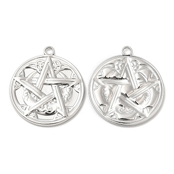 304 Stainless Steel Pendants, Flat Round with Moon & Star Charm, Stainless Steel Color, 30x26.5x2.5mm, Hole: 3mm