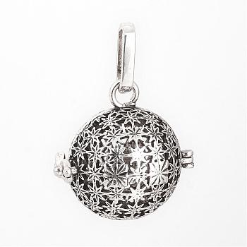 Brass Cage Pendants, For Chime Ball Pendant Necklaces Making, Hollow Round with Flower, Antique Silver, 23x23x18mm, Hole: 4x8mm, inner size: 16mm