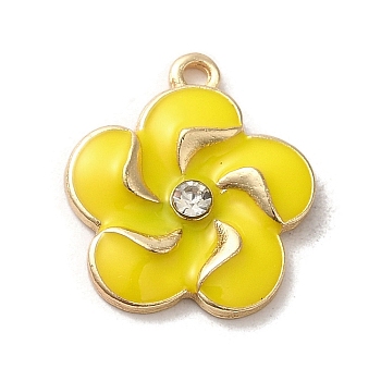 Flower Alloy Enamel Pendants, with Rhinestone, Light Gold, Yellow, 18x15.5x3mm, Hole: 1.5mm