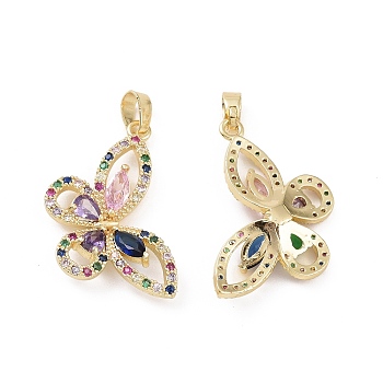 Brass Micro Pave Colorful Cubic Zirconia Pendants, Butterfly Charm, Real 18K Gold Plated, 21x26x4mm, Hole: 2.8x4.5mm