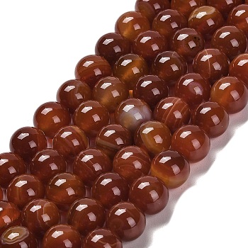 Natural Striped Agate/Banded Agate Beads Strands, Round, Dyed & Heated, FireBrick, 10~10.5mm, Hole: 1.2mm, about 38pcs/strand, 15.28''(38.8cm)