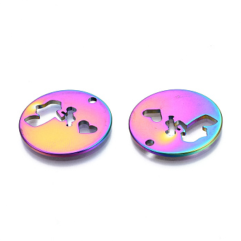 Ion Plating(IP) 201 Stainless Steel Pendants, Flat Round with Bat, Rainbow Color, 25x1mm, Hole: 2mm