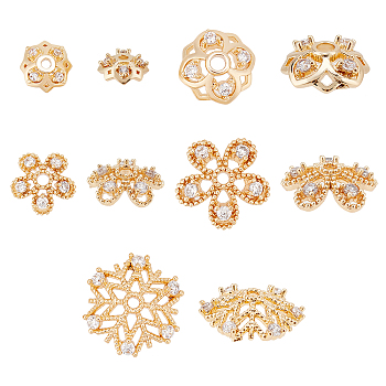 SUPERFINDINGS 10Pcs 5 Style Brass Fancy Bead Caps, with Rhinestone, Flower, Light Gold, 6.5~12.5x2~4mm, Hole: 1~2mm, 2pcs/style