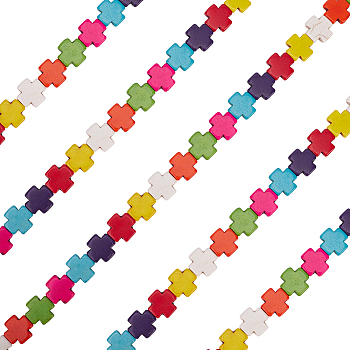 5 Strands Synthetic Turquoise Beads Strands, Dyed, Greek Cross, Mixed Color, 15x15x4mm, Hole: 1mm, about 27pcs/strand, 15.4 inch