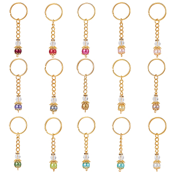 PandaHall Elite 2 Sets Baptism Beaded Glass Pearl Angel Keychain, with Iron Findings, Mixed Color, 7.5cm, 15pcs/set