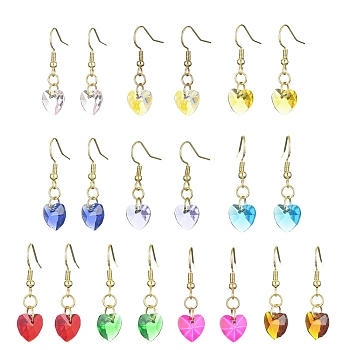 10 Pair 10 Color Glass Heart Dangle Earrings, Golden 304 Stainless Steel Drop Earrings, Mixed Color, 33x10mm, 1 Pair/color