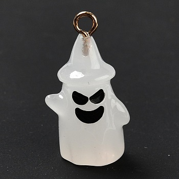 Halloween Theme Opaque Resin Pendants, with Light Gold Tone Alloy Findings, Ghost with Hat, WhiteSmoke, 21x11x8.5mm, Hole: 1.5mm
