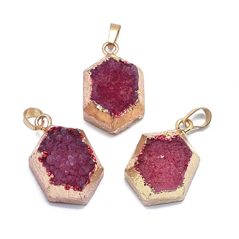 Natural Druzy Agate Pendants, Edge Golden Plated, with Golden Tone Brass Finding, Hexagon, Dyed & Heated, Medium Violet Red, 29~29.5x18~18.5x10.5~11.5mm, Hole: 5x8mm