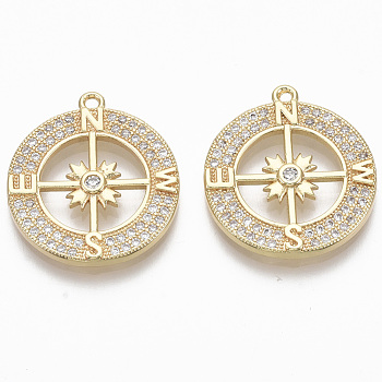 Brass Micro Pave Cubic Zirconia Pendants, Nickel Free, Flat Round with Four Cardinal Directions, Clear, Real 18K Gold Plated, 21.5x19x2.5mm, Hole: 1.2mm