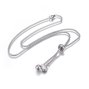304 Stainless Steel Pendant Necklaces, with Box Chain, Rhinestone and Lobster Claw Clasps, Round, Stainless Steel Color, 20.27 inch(51.5cm)