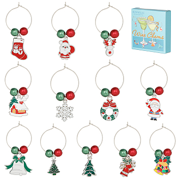Christmas Theme Alloy Enamel Wine Glass Charms, with Brass Hoop Earring Findings and Glass Pearl Bead, Mixed Shapes, Mixed Color, 48~55mm, 12pcs/set