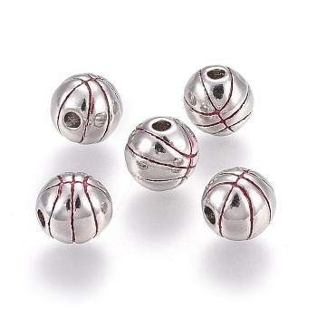 Brass Enamel Beads, Long-Lasting Plated, Basketball, Real Platinum Plated, 9mm, Hole: 2.2mm