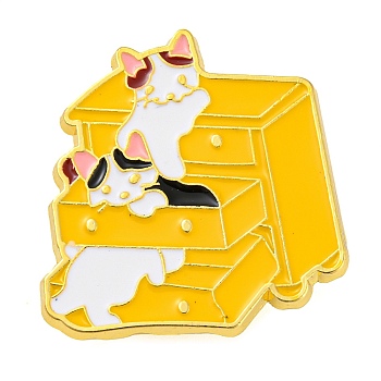 Golden Zinc Alloy Brooches, Cartoon Cat Enamel Pins, Cabinet, 37.5x26.5x1.6mm