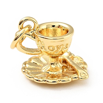 Brass Pendants, with Jump Rings, Cadmium Free & Lead Free, Cup with Saucer & Word Roya, Real 18K Gold Plated, 15mm, Hole: 3.3mm