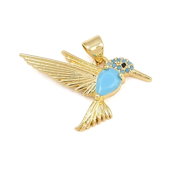 Brass Micro Pave Sky Blue Cubic Zirconia Pendants, Hummingbird Charms, Golden, 19x29x4mm, Hole: 4x3mm
