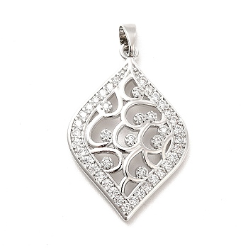 Brass Micro Pave Clear Cubic Zirconia Pendants, Leaf Charm, Real Platinum Plated, 30x19.5x3.5mm, Hole: 4x2.5mm