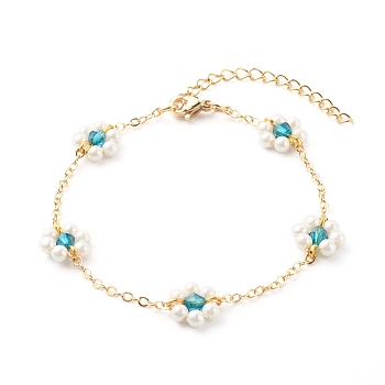 Shell Pearl & Acrylic Beads Flower Link Bracelets, with Brass Cable Chains, Golden, Teal, 2mm, 7-1/4 inch(18.4cm)
