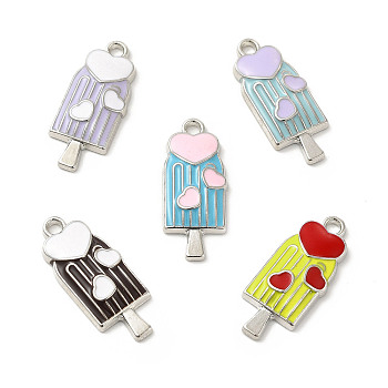 Summer Theme Alloy Enamel Pendants, Ice Sucker with Heart Charms, Platinum, Mixed Color, 24x10x3mm, Hole: 1.8mm