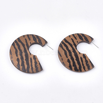 Printed Wooden Stud Earrings, Half Hoop Earrings, with Stainless Steel Pin, Letter C Shape, Chocolate, 50x48.5x5mm, Pin: 0.6mm(X-WOOD-T021-38)