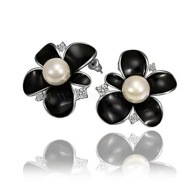 Flower Real Platinum Plated Tin Alloy Rhinestone Pearl Enamel Ear Studs For Women(EJEW-BB13560)-6