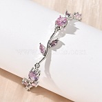 Brass Micro Pave Cubic Zirconia Oval & Leaf Link Chain Bracelets for Women, Rack Plating, Long-Lasting Plated, Cadmium Free & Lead Free, Blue Violet, 7-7/8 inch(20cm)(BJEW-G764-05P-01)