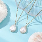 Baroque Natural Keshi Pearl Teardrop Pendant 304 Stainless Steel Cable Chain Necklaces for Women, White, Golden, 17.72 inch(45cm)(NJEW-JN05757)