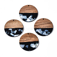 Opaque Resin & Walnut Wood Pendants, with Shell Chips, Two Tone, Flat Round, Black, 38.5x3.5mm, Hole: 2mm(RESI-T035-24-B01)