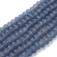 Full Rainbow Plated Faceted Rondelle Glass Beads Strands, Frosted, Medium Blue, 6x4mm, Hole: 1mm, about 100pcs/strand, 17.3 inch(EGLA-J054-6x4mm-FR04)