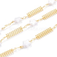 Handmade Brass Beaded Chain, with CCB Plastic Imitation Pearl & Brass Beaded Band, Long-Lasting Plated, Unwelded, with Spool, Star, Light Gold, strip: 7x6x1.5mm, star: 21x10x3.5mm, 32.8 Feet(10m)/roll(CHC-M021-28LG)