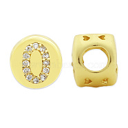 Brass Micro Pave Clear Cubic Zirconia Beads, Flat Round with Letter, Letter.O, 7.5x6.5mm, Hole: 3.5mm, 3pcs/bag(KK-T030-LA843-OX3)