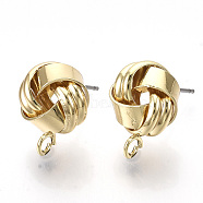 Iron Stud Earring Findings, with Loop, Raw(Unplated) Pin, Love Knot Earrings, Cadmium Free & Nickel Free & Lead Free, Golden, 16~17x12.5mm, Hole: 2mm, Pin: 0.8mm(X-IFIN-T014-06G-NR)