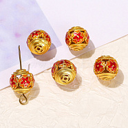 Brass Enamel Beads, Round with Flower, Red, 12mm(PW-WG96760-18)