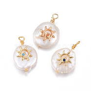 Natural Cultured Freshwater Pearl Pendants, with Brass Micro Pave Cubic Zirconia Findings, Nuggets with Sun, Golden, Mixed Color, 17~26x11~16x5~11mm, Hole: 1.6~2mm(PEAR-L027-45)
