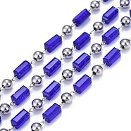 Handmade Glass Beaded Chains, Soldered, with Spool & 304 Stainless Steel Findings, Blue, Stainless Steel Color, Beads: 6.5x3.5x3.5mm and 4x3mm, link: 2.5x1x0.2mm, about 16.4 Feet(5m)/roll(CHS-K011-01P)