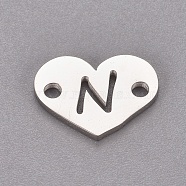 304 Stainless Steel Links, Heart with Letter, Stainless Steel Color, Letter.N, 9x12x1mm, Hole: 1.2mm(STAS-CJC0001-03N-P)