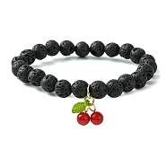 Natural Lava Rock Round Beaded Stretch Bracelet, Natural Dyed Malaysia Jade Cherry Charms Bracelet, Red, Inner Diameter: 2-1/8 inch(5.5cm)(BJEW-JB09804)