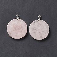 Natural Rose Quartz Pendants, Flat Round Charms with Chakra Theme Pattern, with Rack Plating Platinum Tone Brass Findings, Cadmium Free & Lead Free, 30x4~8mm, Hole: 4x4mm(G-P491-04P-07)