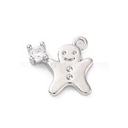 Rack Plating Brass with Cubic Zirconia Pendants, Long-Lasting Plated, Lead Free & Cadmium Free, Gingerbread Man Charms, Platinum, 11.5x12.5x3mm, Hole: 1.4mm(KK-Q010-13P)