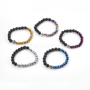Electroplate Glass & Natural Lava Rock Stretch Bracelets, with Alloy Beads, Owl, Mixed Color, 2-1/8 inch(5.4cm)(BJEW-JB04016)