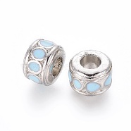 Alloy European Beads, Enamel, Platinum Color, Lead Free and Cadmium Free, Blue Column, 10mm in diameter, 7mm thick, hole: 4.5mm(LFD8226Y-1)