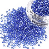 11/0 Grade A Round Transparent Glass Seed Beads, Silver Lined Round Hole, Cornflower Blue, 2x1.5mm, Hole: 0.3mm, about 3300pcs/50g(X-SEED-Q007-F43)