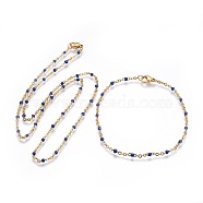 304 Stainless Steel Jewelry Sets, Cable Chain Necklaces and Bracelets, with Enamel, Dark Blue, 19.52 inches~19.76  inches(49.6~50.2cm); 7-7/8  inches~8-1/8  inches(20~20.6cm)(SJEW-P160-A05-G)