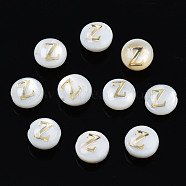 Natural Freshwater Shell Beads, with Golden Plated Brass Etched Metal Embellishments, Flat Round with Letter, Seashell Color, Letter.Z, 6x4mm, Hole: 0.8mm(SHEL-S278-036Z)