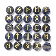 Brass Elder Futhark Alphabet Engraved Symbol Flat Round Natural Sodalite Rune Stones, for Chakras Balancing, Crystal Therapy, Meditation, Divination, 16.5~17.5x6~7mm, 25pcs/set(G-I373-01J)