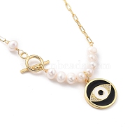 Brass Micro Pave Cubic Zirconia Pendant Necklaces, with Enamel and Natural Pearl Beads, Flat Round with Evil Eye, Golden, 17.71 inch(45cm)(NJEW-JN03088-02)